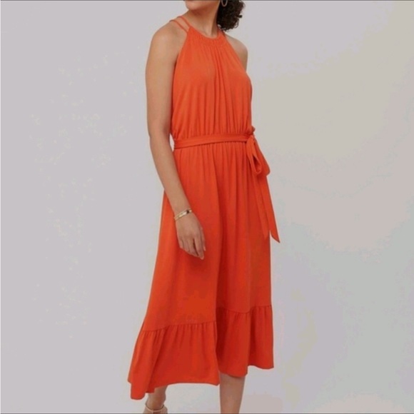 LOFT flounce halter maxi dress fully lined peach colour self tying belt medium - Picture 13 of 13